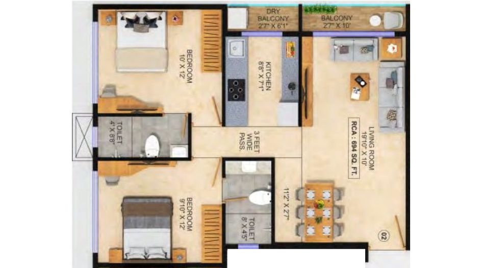 Bhoomi-Sagar-Manthan-Floor-Plan-2 BHK-694 Sqft